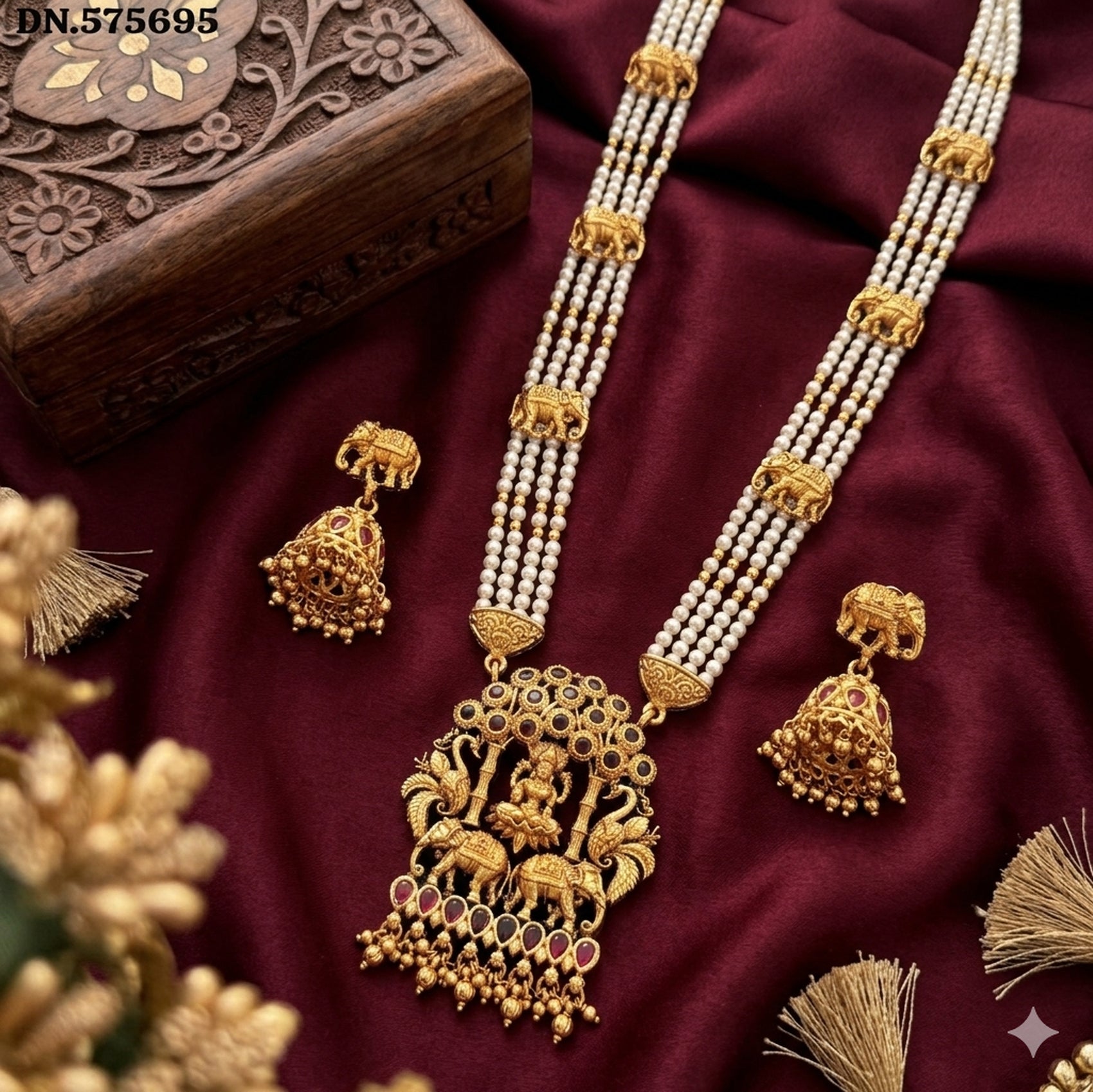 Jewel City Traditional Gold-Plated Temple Jewelry Set - Handcrafted Elephant Motif Green Bead Long Necklace & Jhumka Earrings - Distacart