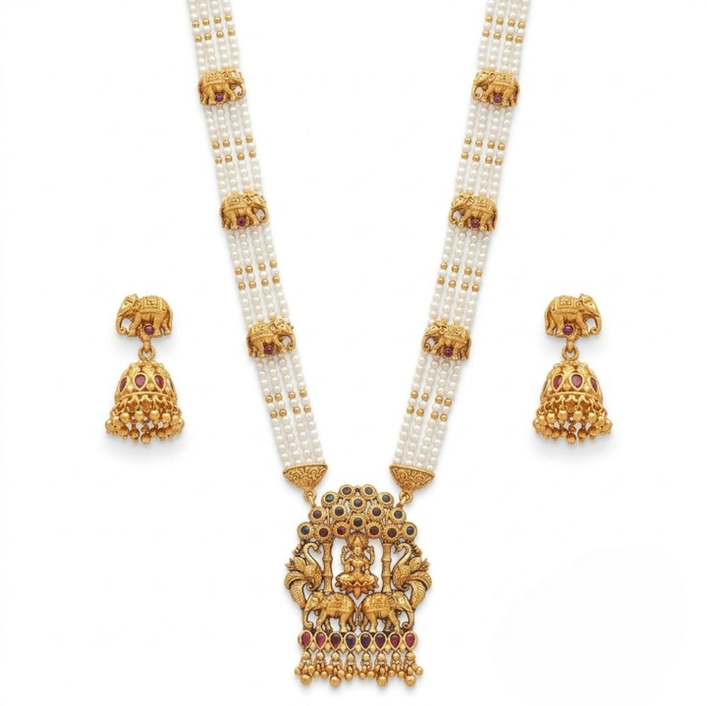 Jewel City Traditional Gold-Plated Temple Jewelry Set - Handcrafted Elephant Motif Green Bead Long Necklace & Jhumka Earrings - Distacart