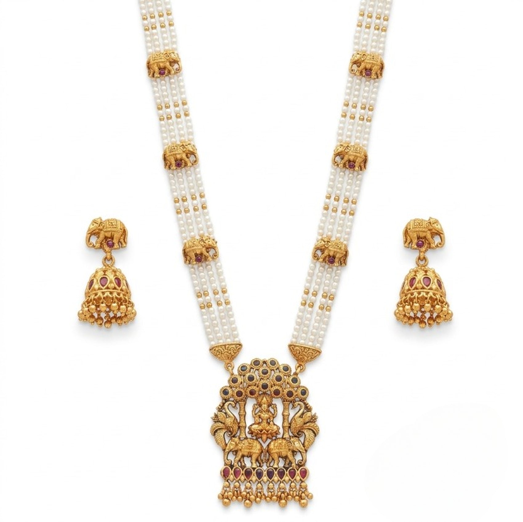 Jewel City Traditional Gold-Plated Temple Jewelry Set - Handcrafted Elephant Motif Green Bead Long Necklace & Jhumka Earrings - Distacart