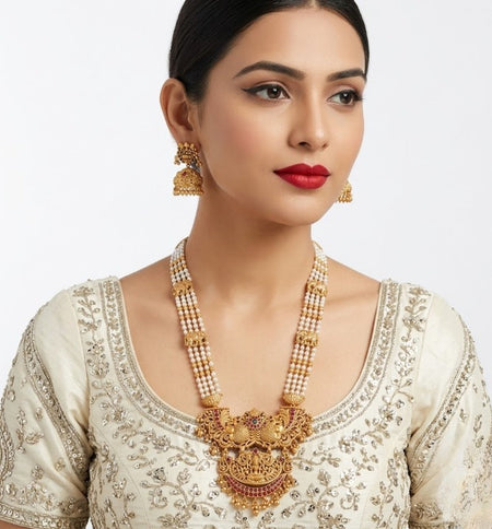 Jewel City Antique Temple Jewelry Gold-Plated Necklace Set with Lakshmi Pendant & Earrings Traditional South Indian Bridal Jewelry
