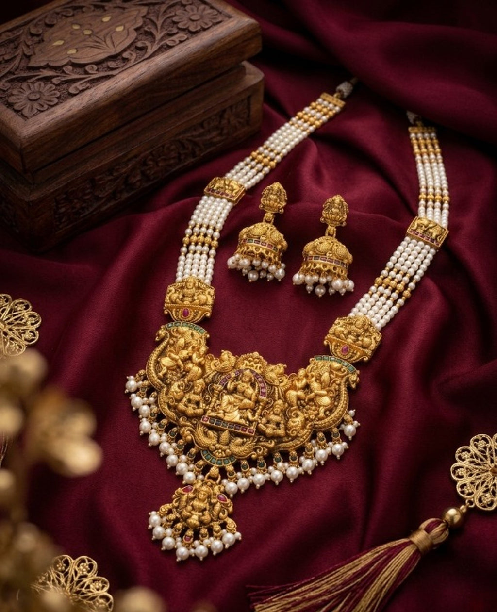 Jewel City Antique Gold-Plated Lakshmi Temple Necklace Set with Green Beads and Jhumkas - Distacart