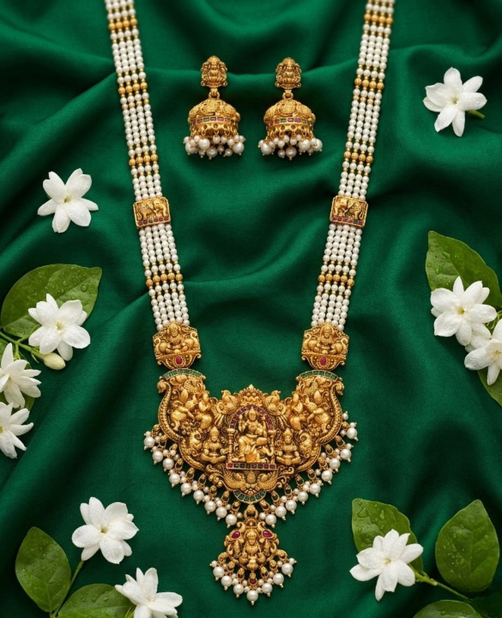 Jewel City Antique Gold-Plated Lakshmi Temple Necklace Set with Green Beads and Jhumkas - Distacart