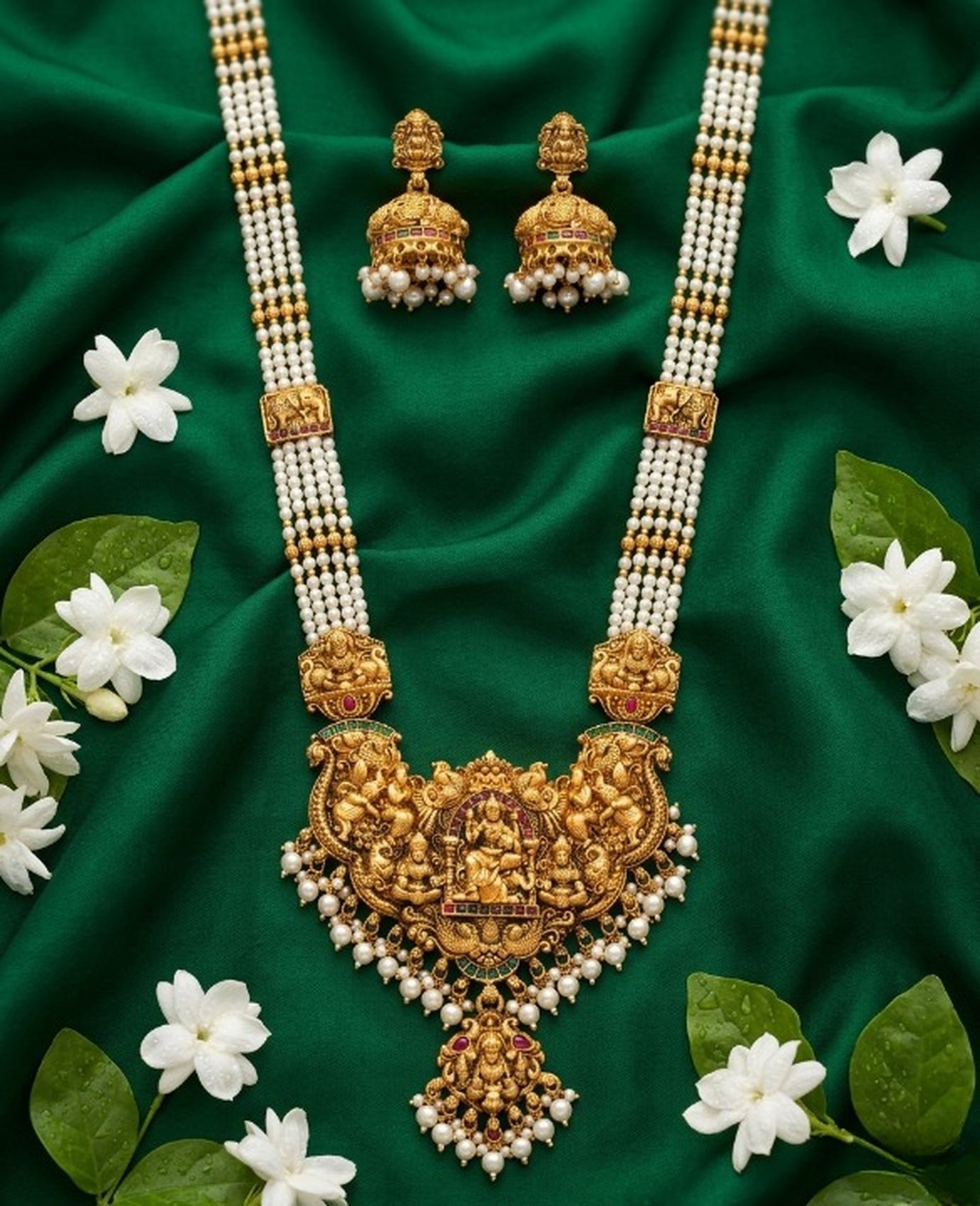 Jewel City Antique Gold-Plated Lakshmi Temple Necklace Set with Green Beads and Jhumkas - Distacart