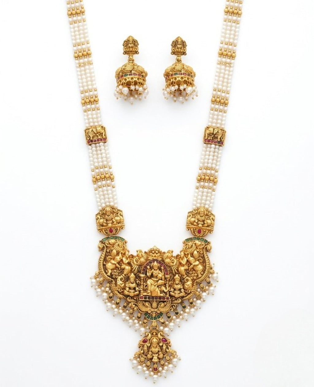 Jewel City Antique Gold-Plated Lakshmi Temple Necklace Set with Green Beads and Jhumkas - Distacart