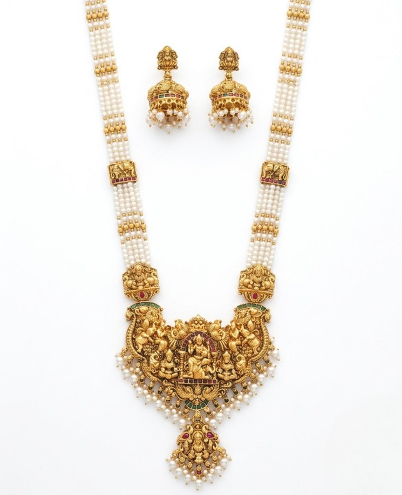 Jewel City Antique Gold-Plated Lakshmi Temple Necklace Set with Green Beads and Jhumkas - Distacart
