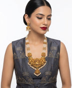 Jewel City Antique Gold-Plated Lakshmi Temple Necklace Set with Green Beads and Jhumkas - Distacart