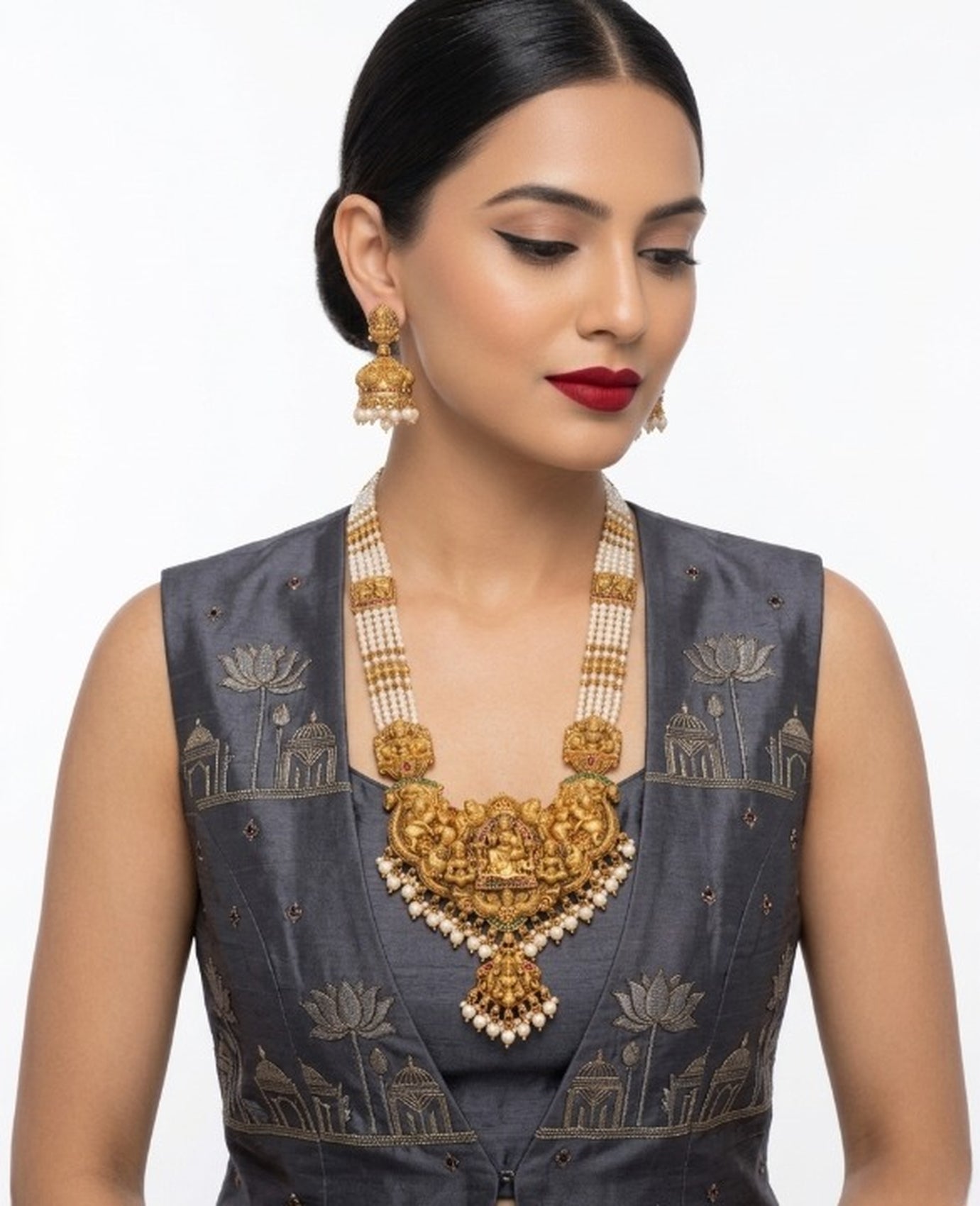 Jewel City Antique Gold-Plated Lakshmi Temple Necklace Set with Green Beads and Jhumkas - Distacart