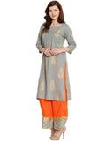 Women's Grey Gold Printed Kurti With Palazzo, Lace Work At Bottom Combined With Dupatta - G & A Apparels