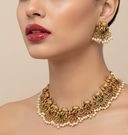 Jewel City Exquisite Antique Gold-Plated Temple Choker Necklace Set