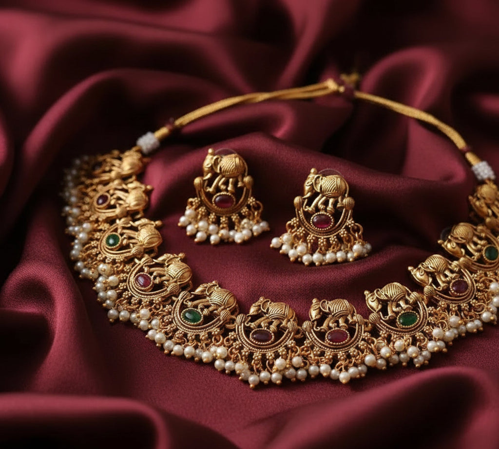 Jewel City Exquisite Antique Gold-Plated Temple Choker Necklace Set - Distacart