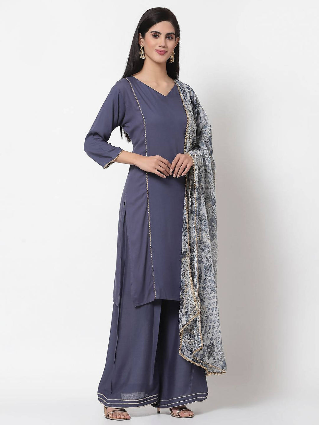 Myshka Women's Grey Viscose Solid 3/4 Sleeve V Neck Casual Kurta Palazzo Dupatta Set