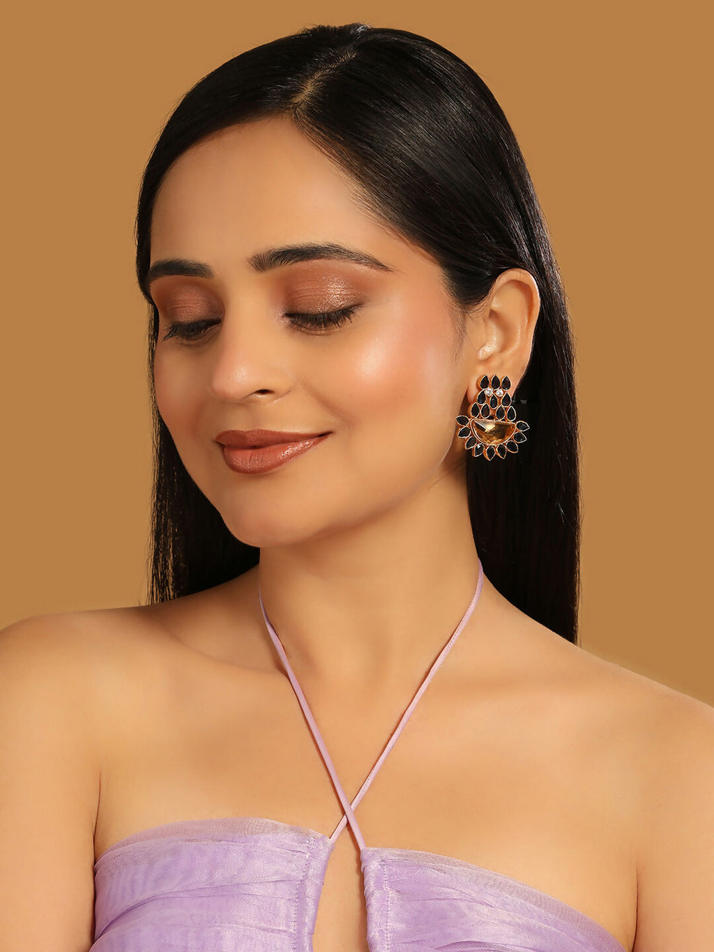 Nuyug 22K Gold Plated Crystal Studded Contemporary Floral Shaped Stud Earrings - Distacart
