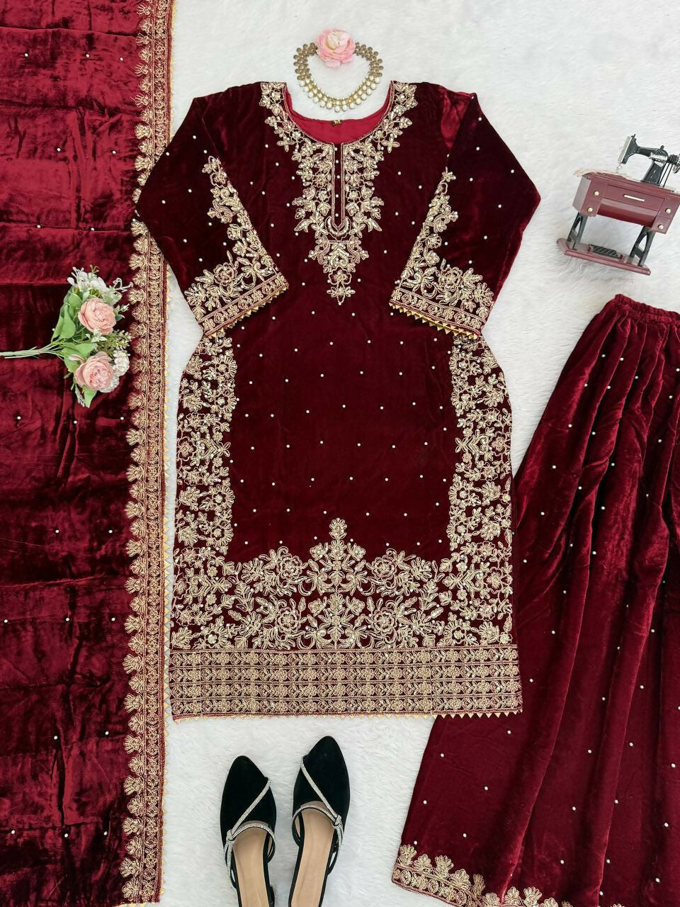Vastranavya Maroon Viscose Velvet Cording Sequence With Moti Work Top-Bottom With Dupatta - Distacart