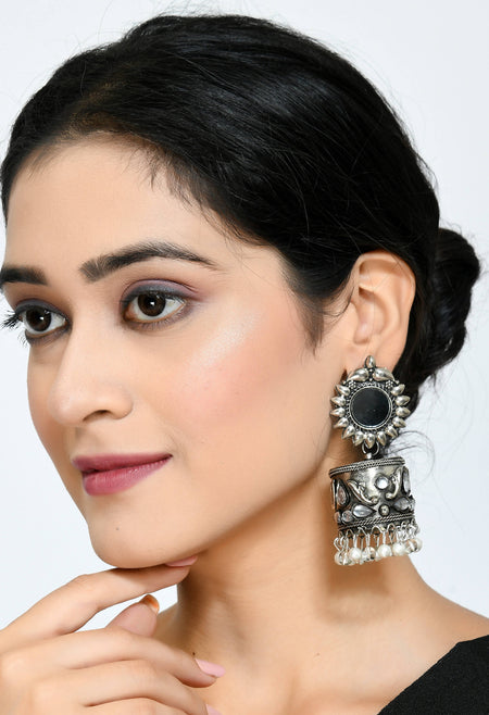 Mominos Fashion Johar Kamal Women Silver Oxidised Jhumkas
