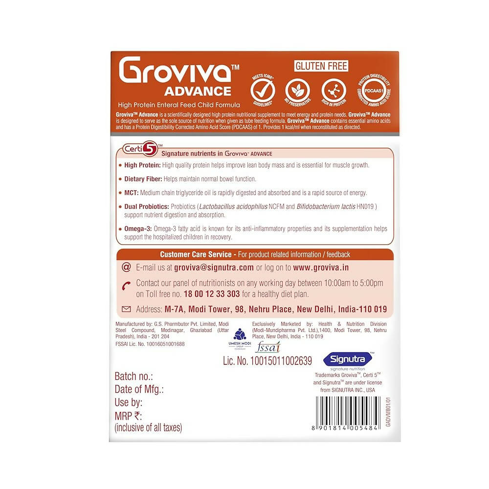 Groviva Advance High Protein Enteral Feed Child Formula Powder - Vanilla Flavor - Distacart
