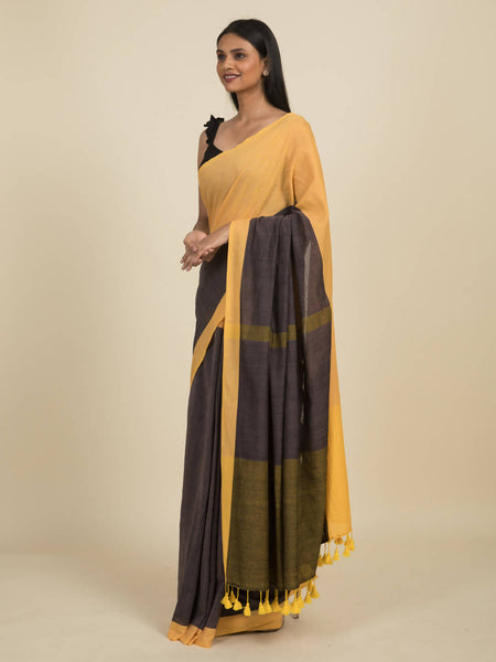 Suta Grey Yellow Colourblocked Pure Cotton Saree