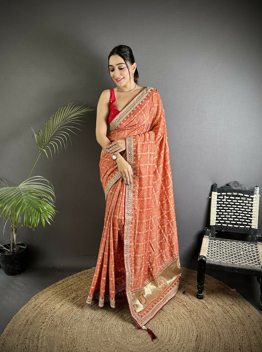 Joban Fashion Peach Bandhej Bandhani Vichitra Silk Bandhani Prints Saree - Distacart