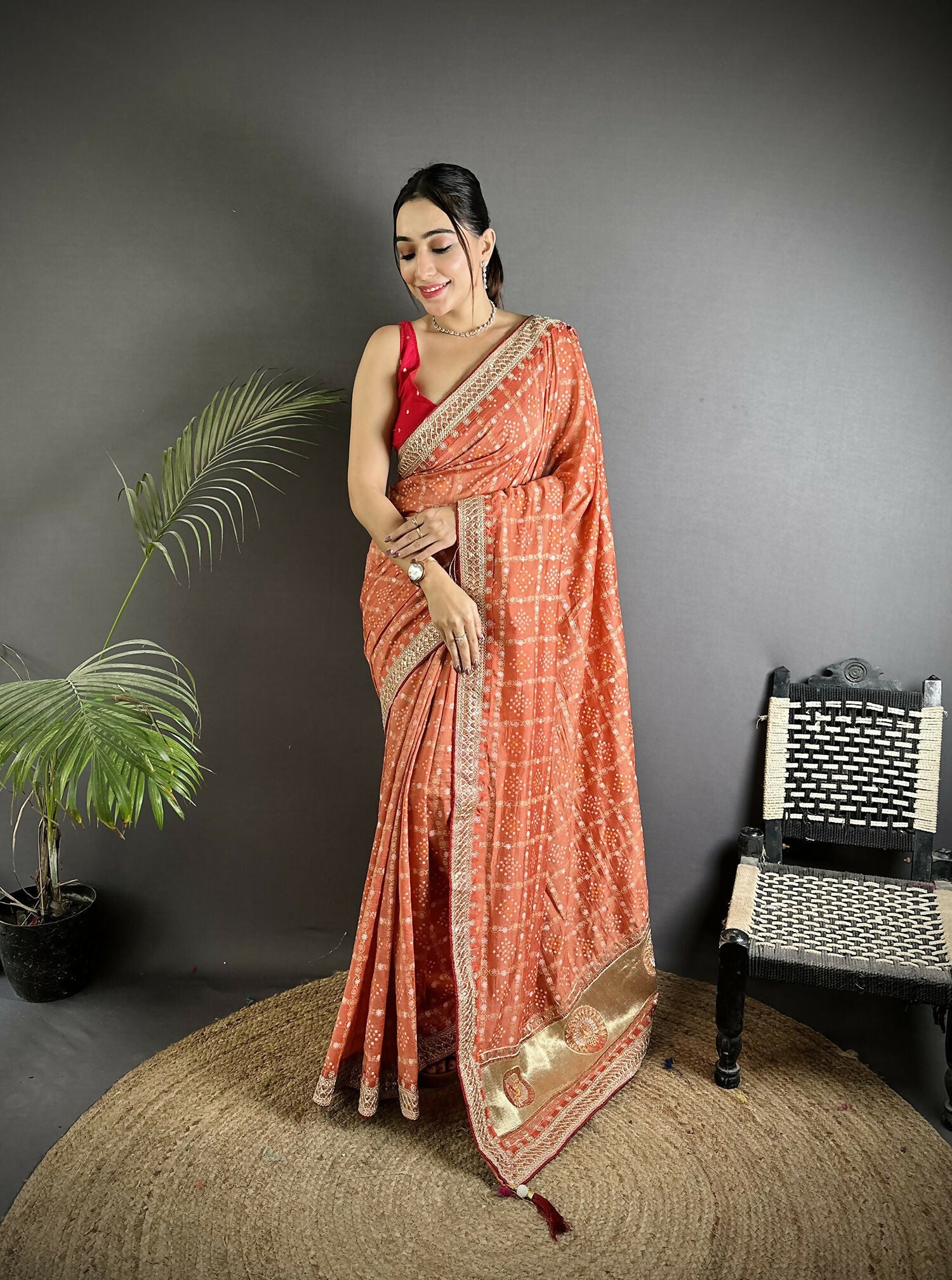 Joban Fashion Peach Bandhej Bandhani Vichitra Silk Bandhani Prints Saree - Distacart