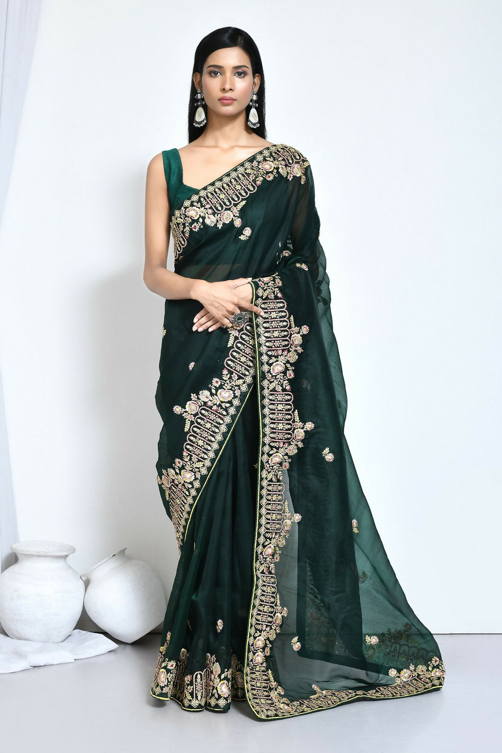Green Organza Silk Embroidered With Stone Work Festive Saree - Nimaya Denzy