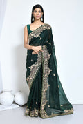 Green Organza Silk Embroidered With Stone Work Festive Saree - Nimaya Denzy