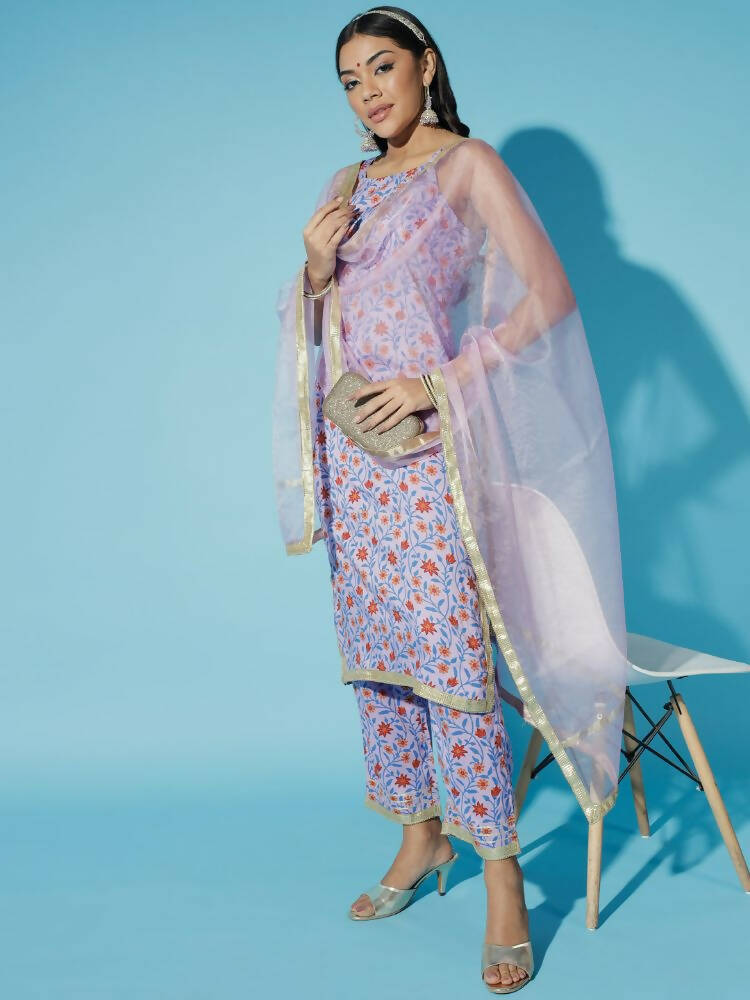 Myshka Women Printed Lavender Kurta & Trousers With Dupatta - Distacart