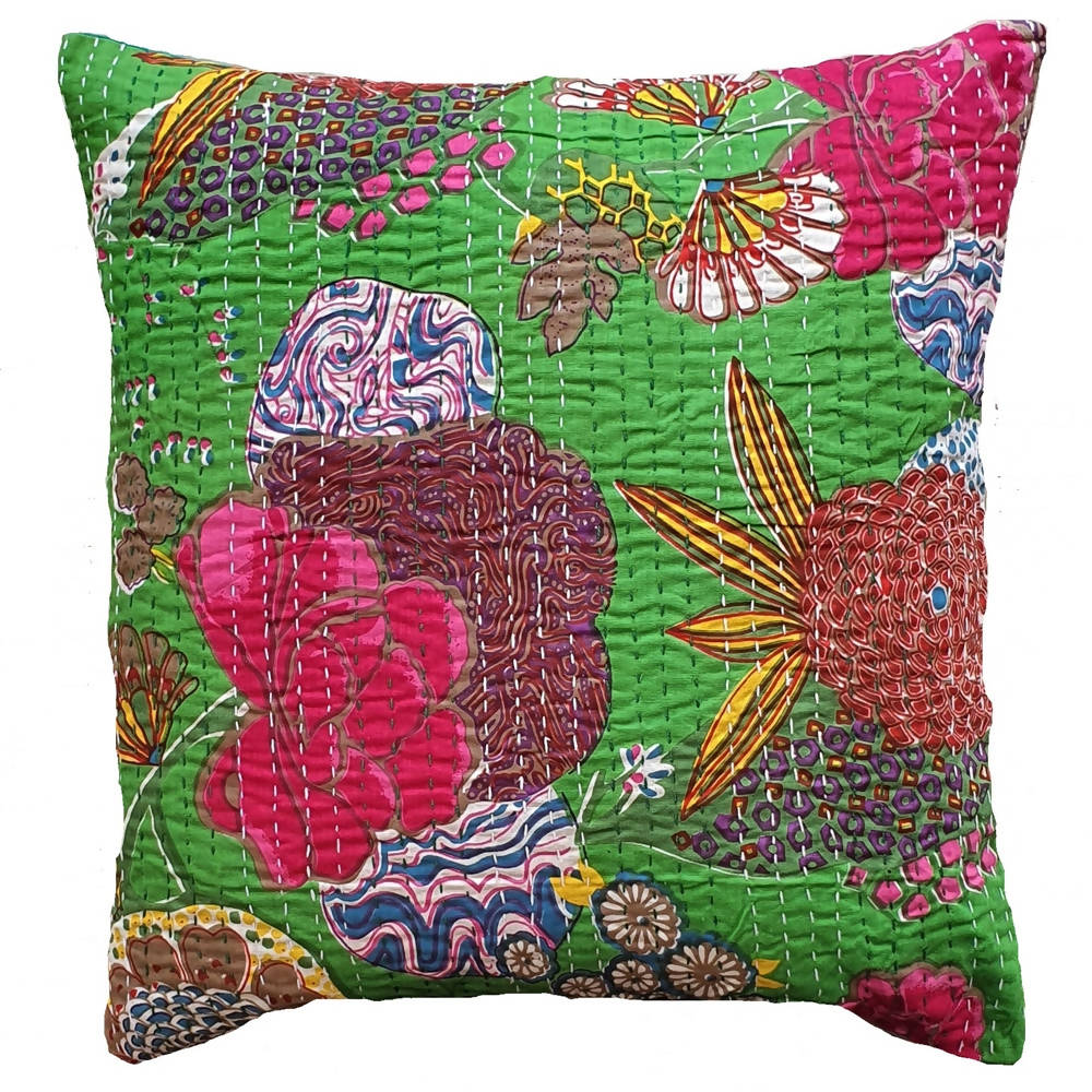 The Decor Nook Parrot Green Base With Multicolour Flowers Print Cushion Cover
