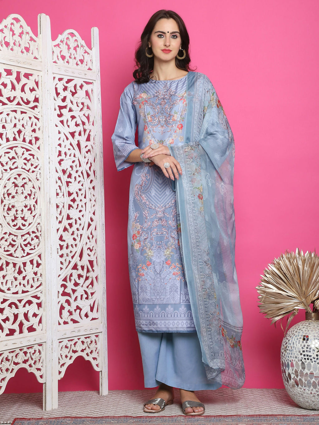 Jyoti Fashion Women's Grey Satin Traditional Digital Print with Crystal work Kurta with Trouser & Dupatta
