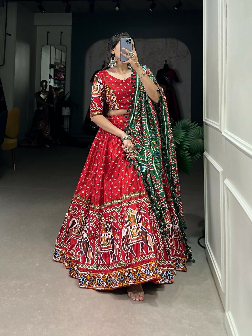 Vastranavya Navaratri Special Dola Silk Patola Print With Gamthi Work Lace Border Lehenga with Stitched Blouse - Red
