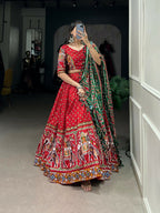 Vastranavya Navaratri Special Dola Silk Patola Print With Gamthi Work Lace Border Lehenga with Stitched Blouse - Red