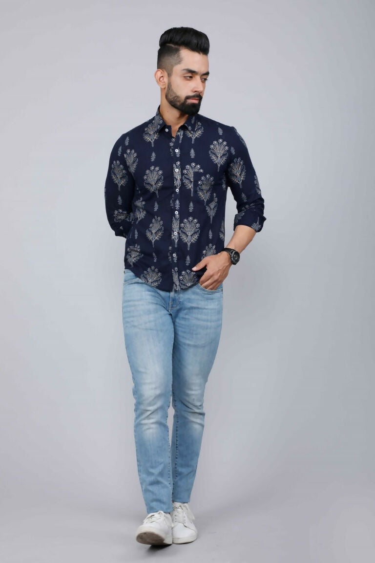 Miravan Men's Blue Spread Collar Floral Print Shirt