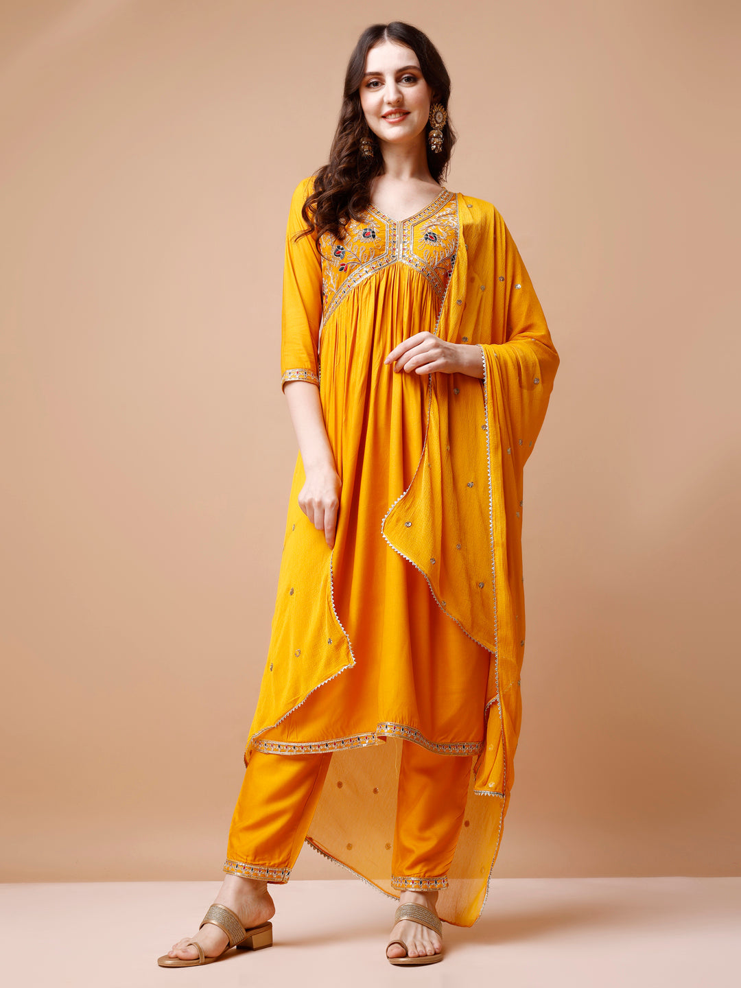 Alia Cut Embroidered Kurta With Pant & Dupatta, Multicolor - Hiral Fashion - Distacart