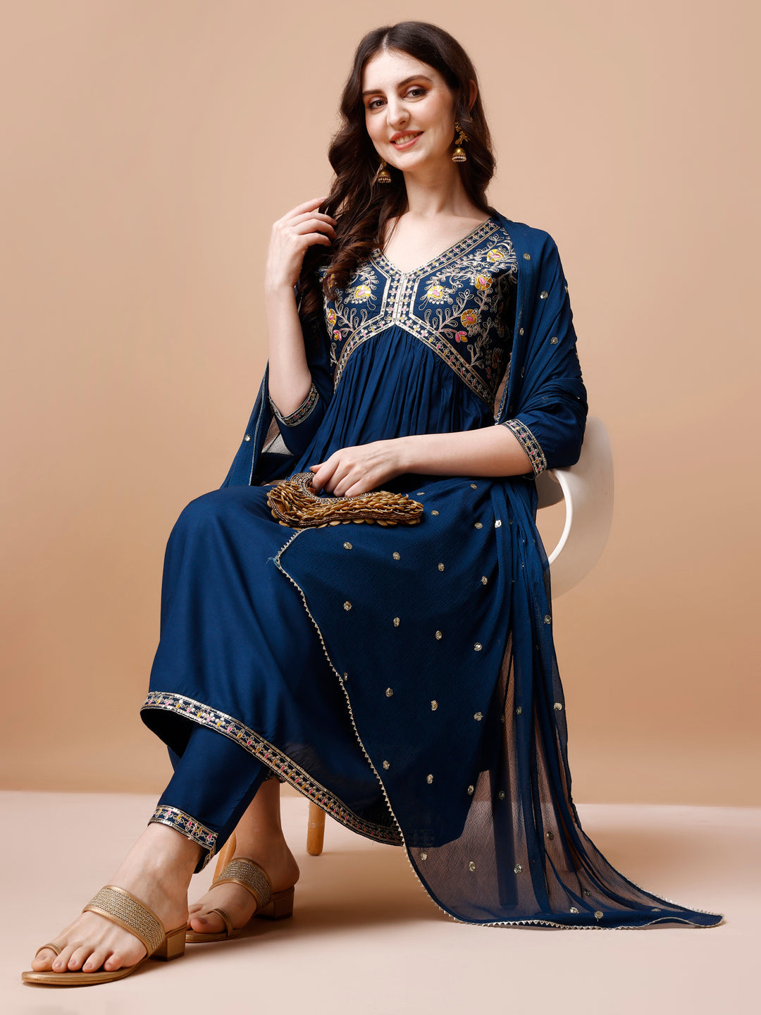 Alia Cut Embroidered Kurta With Pant & Dupatta, Multicolor - Hiral Fashion - Distacart