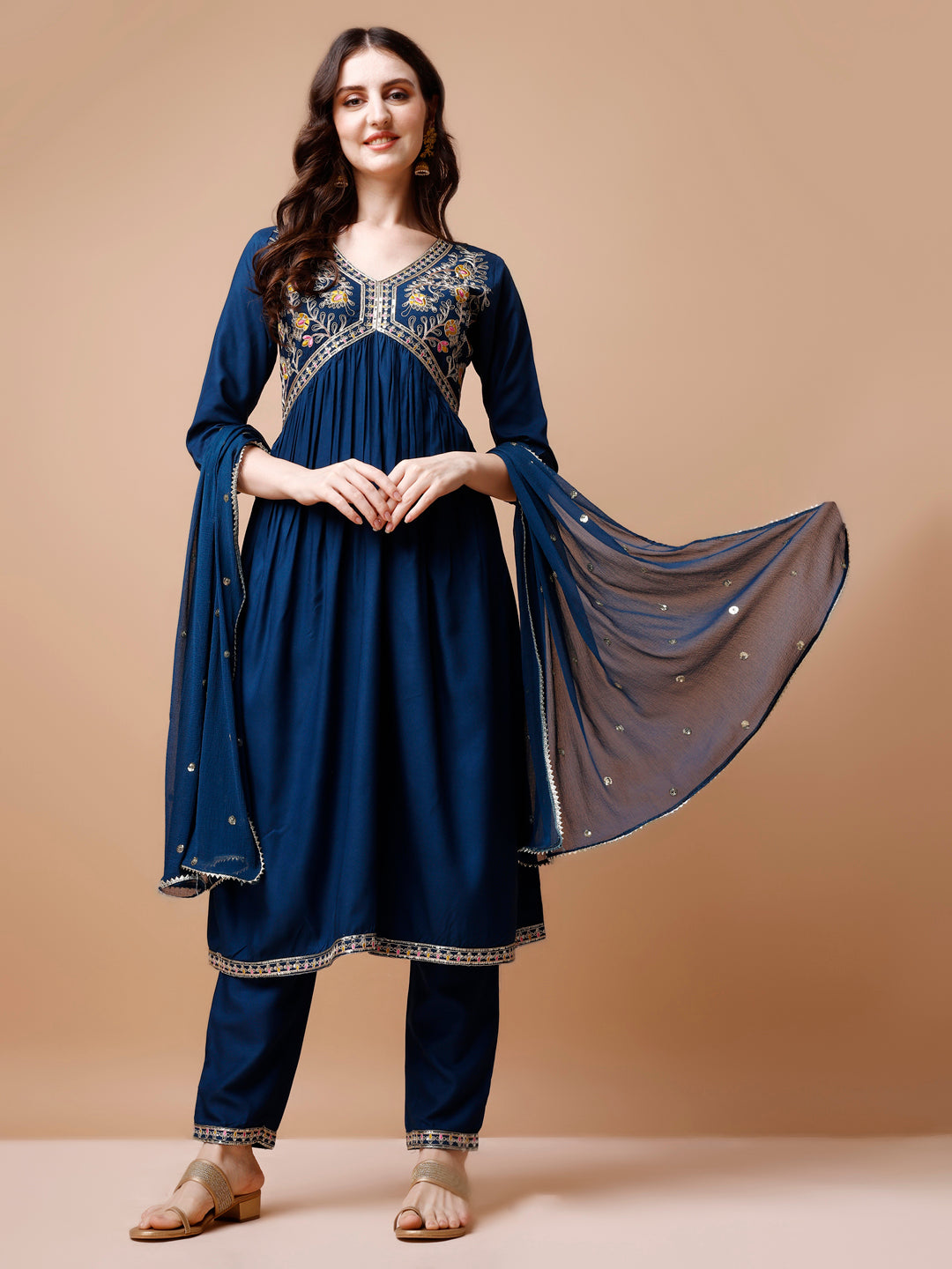 Alia Cut Embroidered Kurta With Pant & Dupatta, Multicolor - Hiral Fashion - Distacart