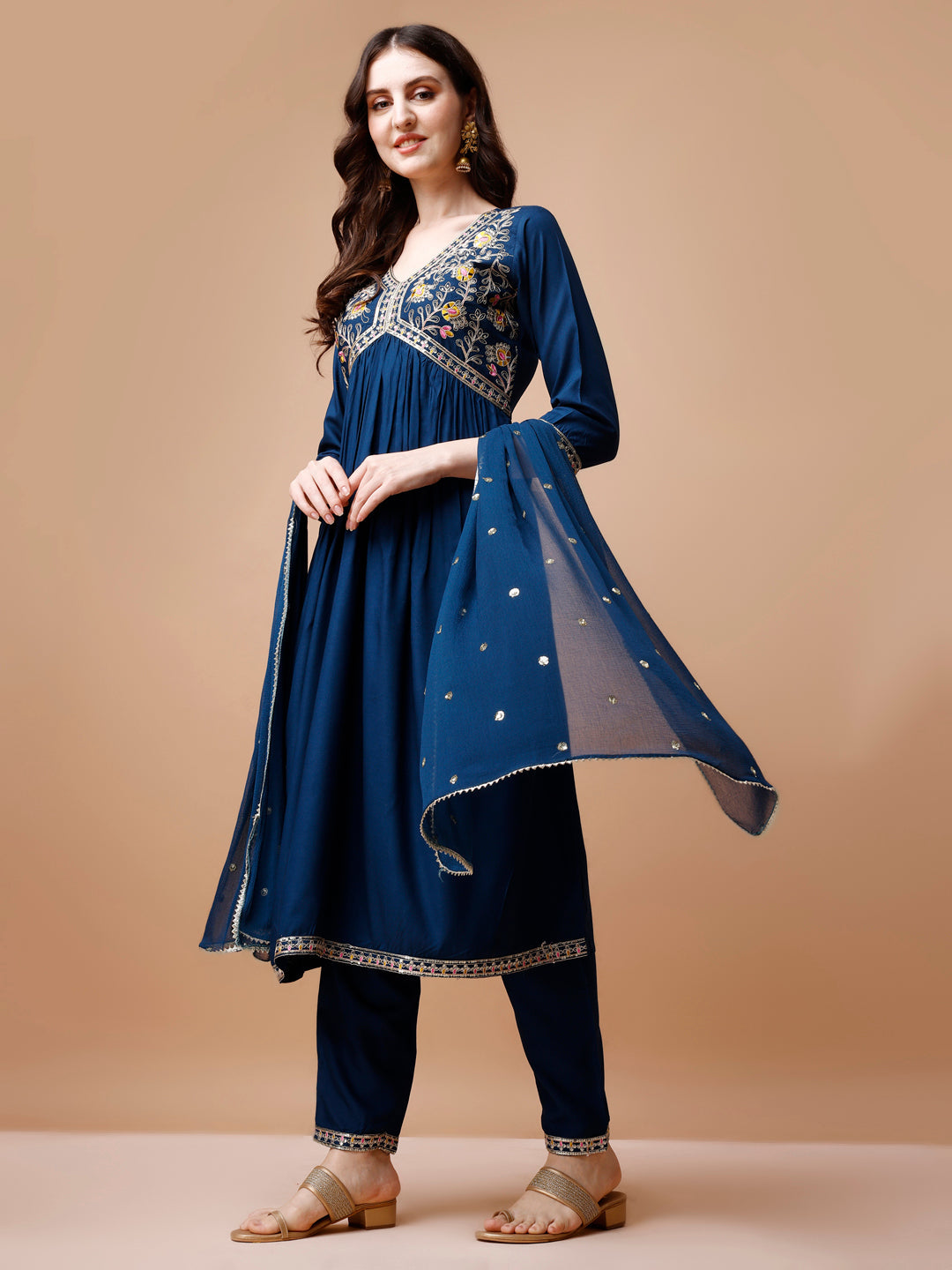 Alia Cut Embroidered Kurta With Pant & Dupatta, Multicolor - Hiral Fashion - Distacart