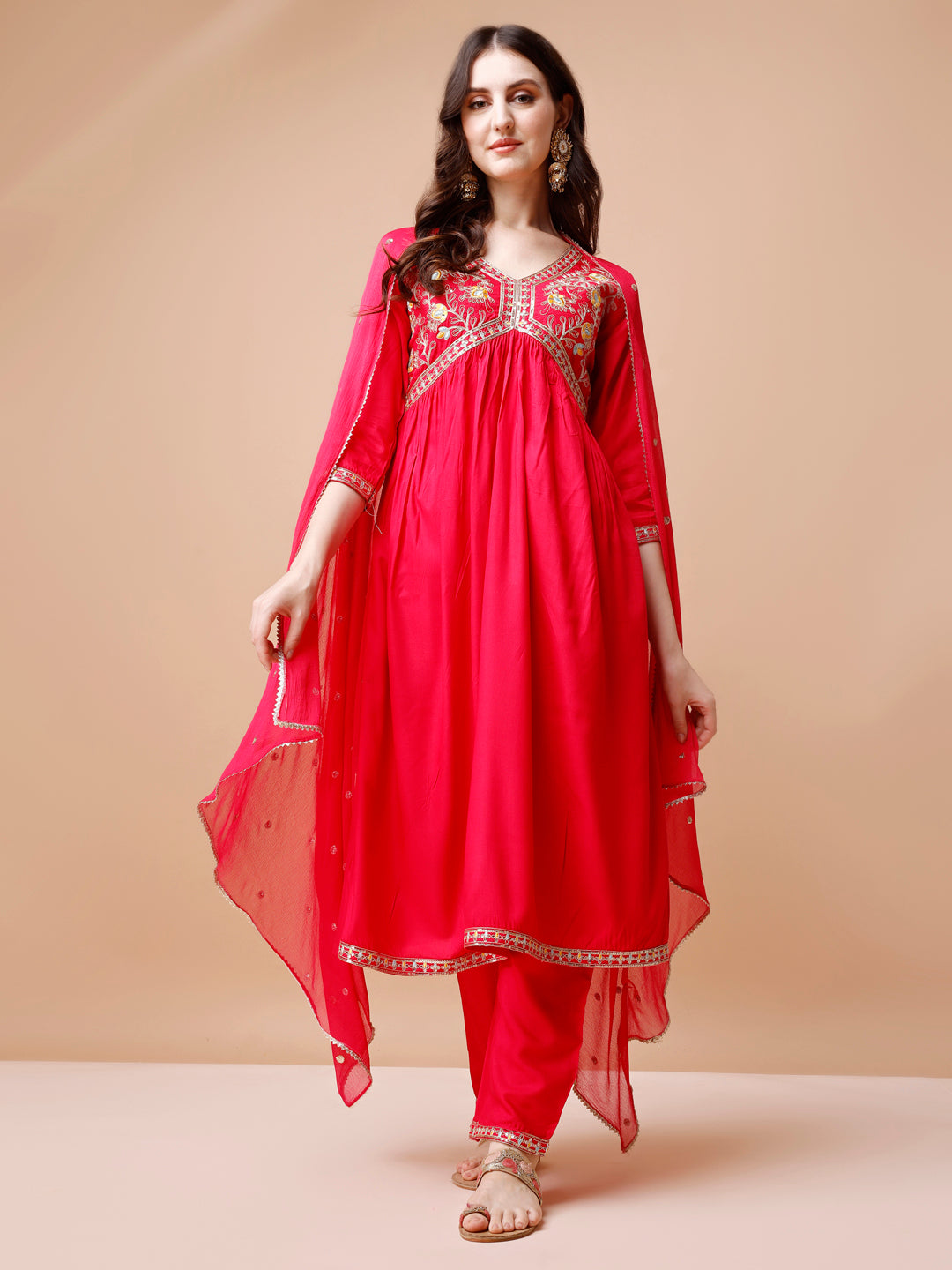 Alia Cut Embroidered Kurta With Pant & Dupatta, Multicolor - Hiral Fashion - Distacart