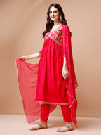 Alia Cut Embroidered Kurta With Pant & Dupatta, Multicolor - Hiral Fashion - Distacart