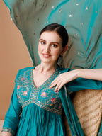 Alia Cut Embroidered Kurta With Pant & Dupatta, Multicolor - Hiral Fashion - Distacart