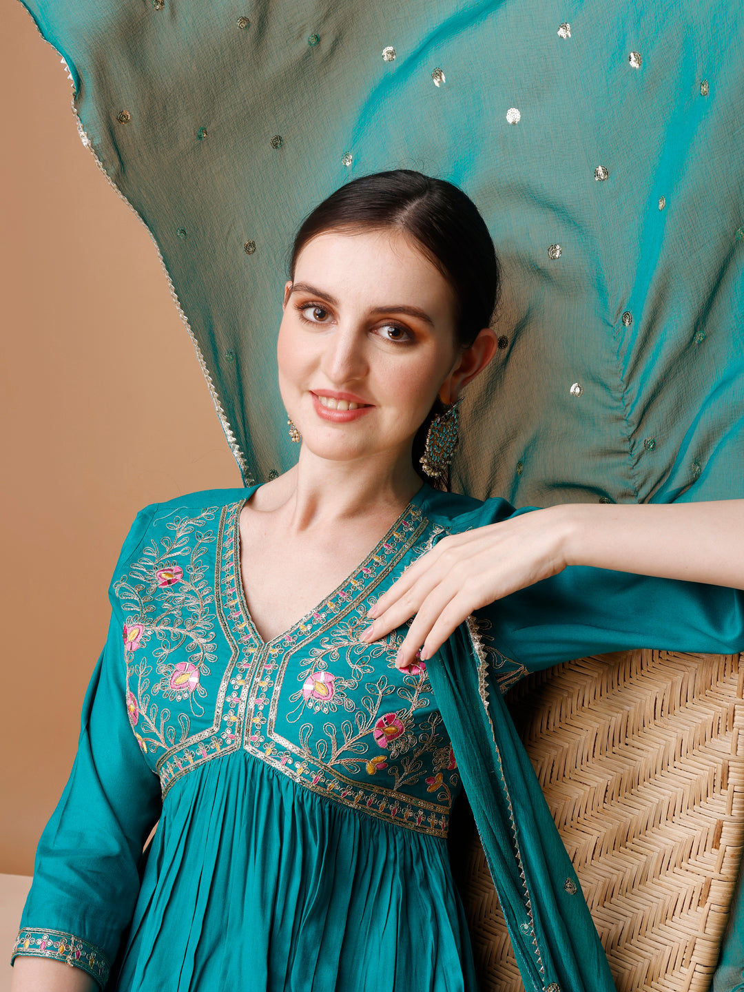 Alia Cut Embroidered Kurta With Pant & Dupatta, Multicolor - Hiral Fashion - Distacart