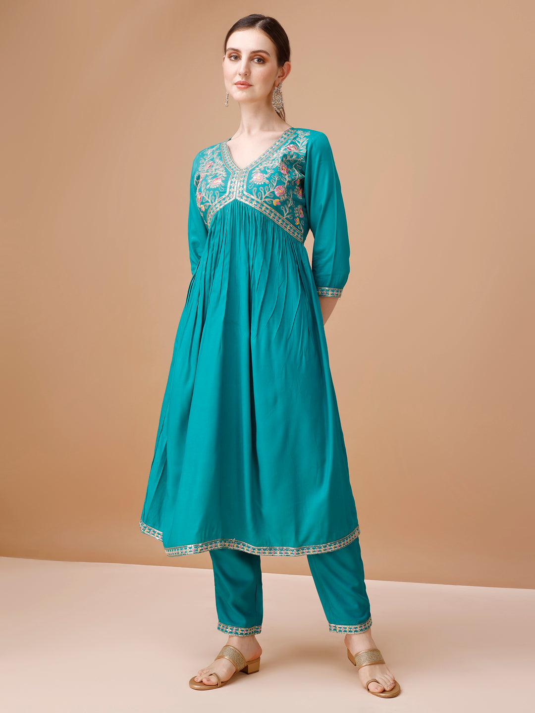 Alia Cut Embroidered Kurta With Pant & Dupatta, Multicolor - Hiral Fashion - Distacart