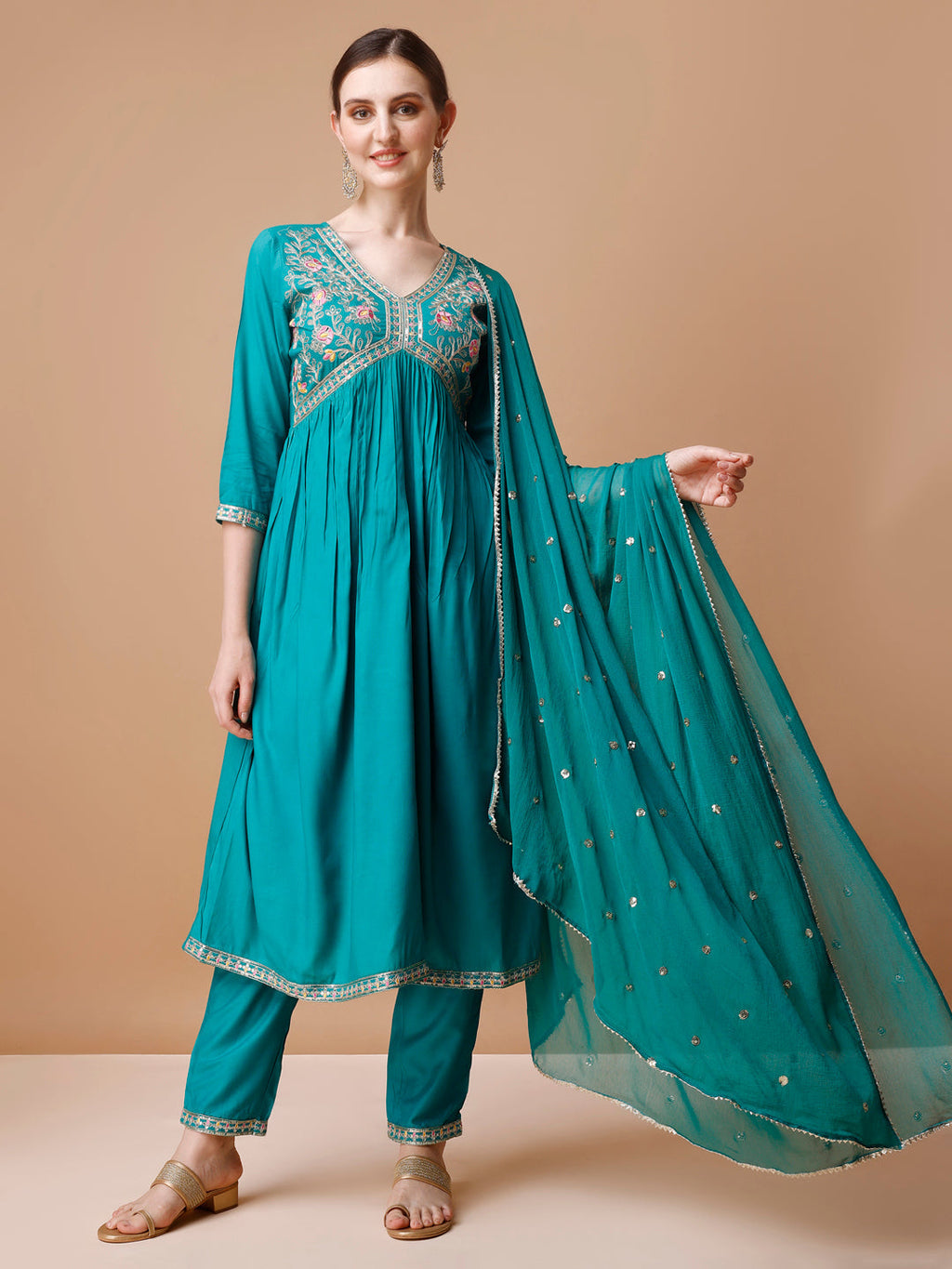Alia Cut Embroidered Kurta With Pant & Dupatta, Multicolor - Hiral Fashion - Distacart