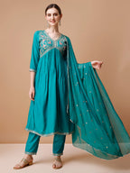 Alia Cut Embroidered Kurta With Pant & Dupatta, Multicolor - Hiral Fashion - Distacart
