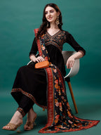Alia Cut Embroidered Kurta With Pant & Printed Dupatta, Multicolor - Hiral Fashion - Distacart