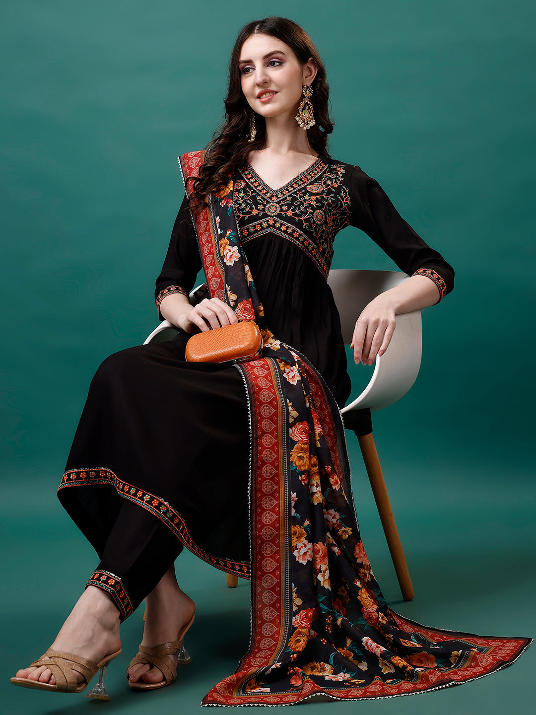 Alia Cut Embroidered Kurta With Pant & Printed Dupatta, Multicolor - Hiral Fashion - Distacart