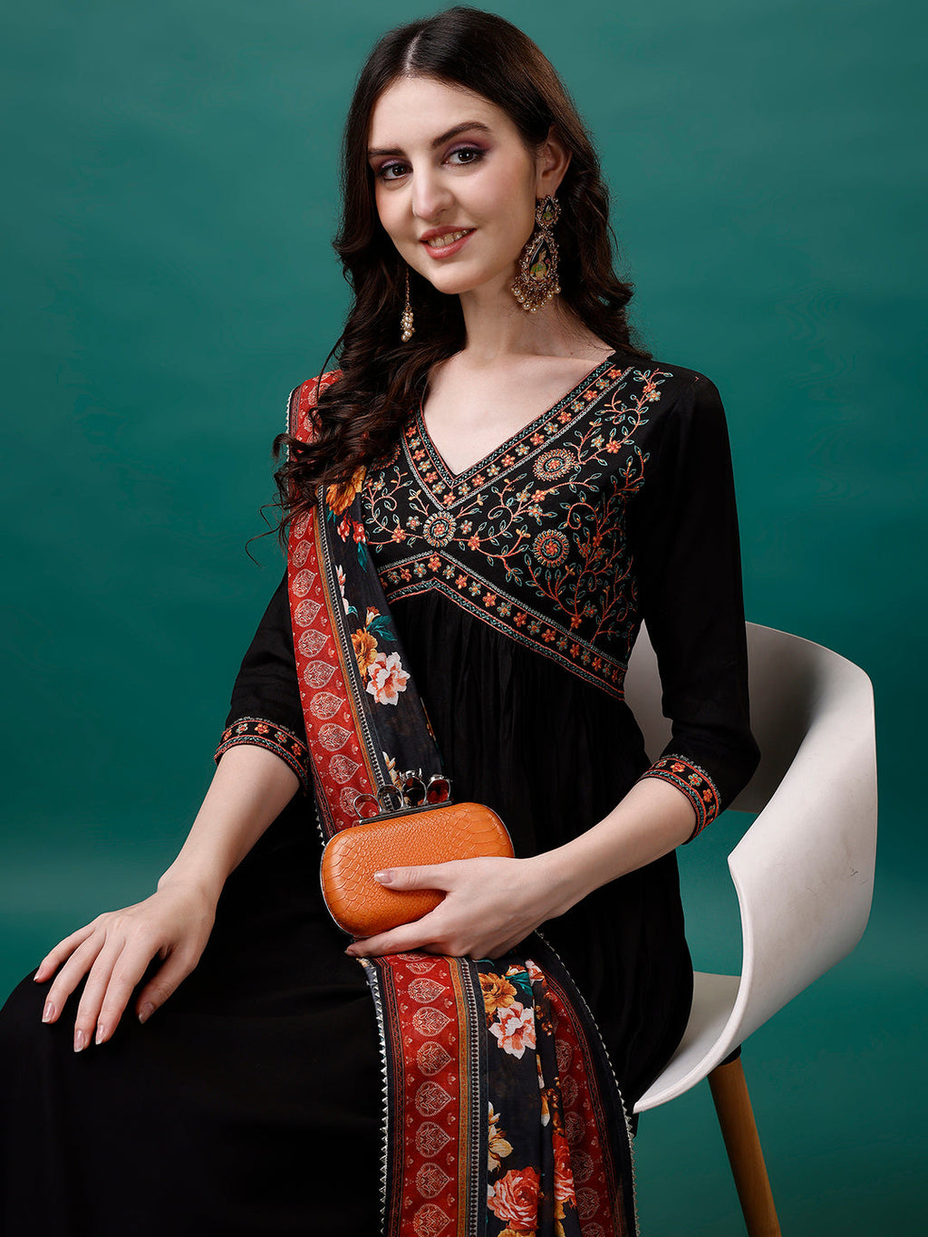 Alia Cut Embroidered Kurta With Pant & Printed Dupatta, Multicolor - Hiral Fashion - Distacart