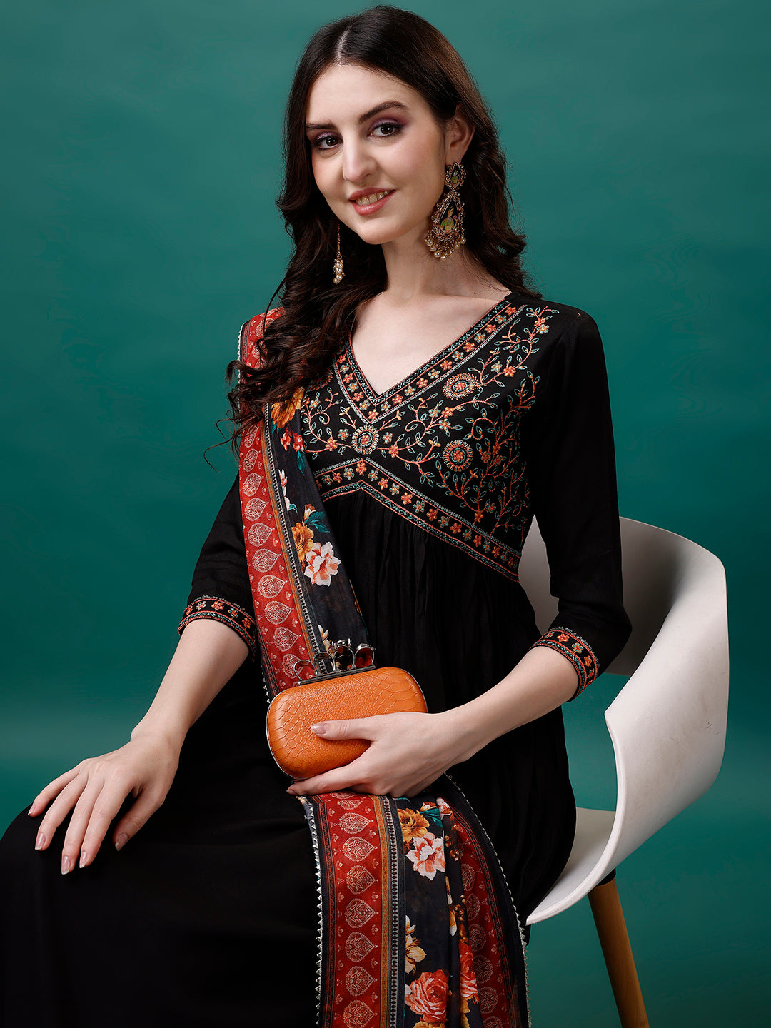 Alia Cut Embroidered Kurta With Pant & Printed Dupatta, Multicolor - Hiral Fashion - Distacart