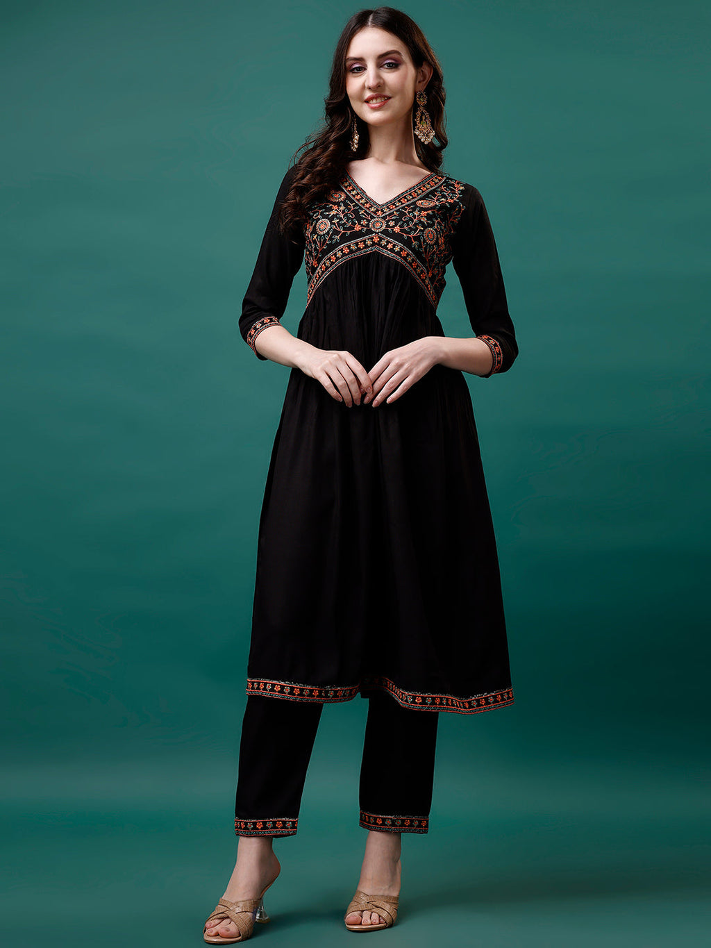 Alia Cut Embroidered Kurta With Pant & Printed Dupatta, Multicolor - Hiral Fashion - Distacart