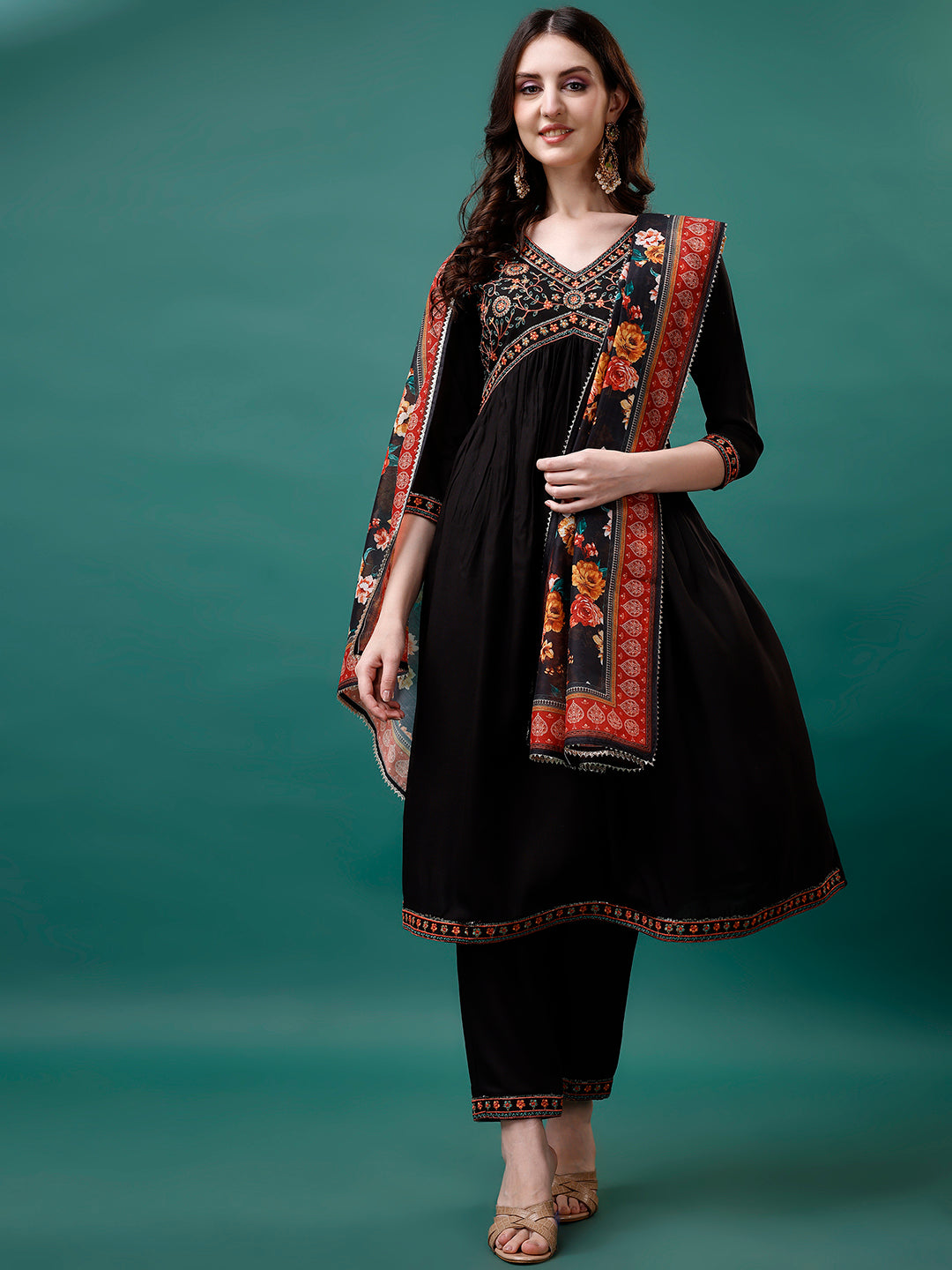 Alia Cut Embroidered Kurta With Pant & Printed Dupatta, Multicolor - Hiral Fashion - Distacart