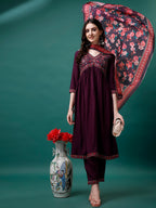 Alia Cut Embroidered Kurta With Pant & Printed Dupatta, Multicolor - Hiral Fashion - Distacart