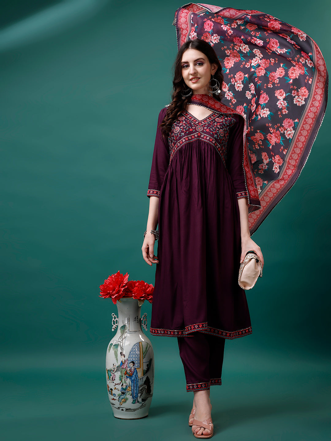 Alia Cut Embroidered Kurta With Pant & Printed Dupatta, Multicolor - Hiral Fashion - Distacart
