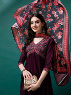 Alia Cut Embroidered Kurta With Pant & Printed Dupatta, Multicolor - Hiral Fashion - Distacart